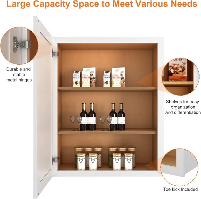 ROOMTEC Wood Wall Cabinet,RTA Single Door Medicine Cabinet with Adjustable Shelves and Soft-Close Door for Kitchen, Bathroom, and Laundry. 12" D*21" W*30" H, Shaker White