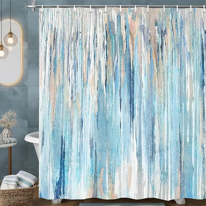 JAWO Abstract Shower Curtain Modern Shower Curtain Sets for Bathroom Gray Blue Aesthetic Stripe Pattern Contemporary Minimalist Painting Polyester Bathtub Curtains