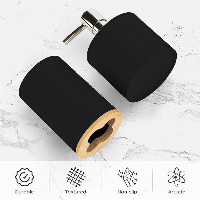 2 PCS Black Bathroom Accessories Set, Soap Dispenser and Toothbrush Holder Set, Plastics & Bamboo Bathroom Set, Bohemian Style Bathroom Sink Set