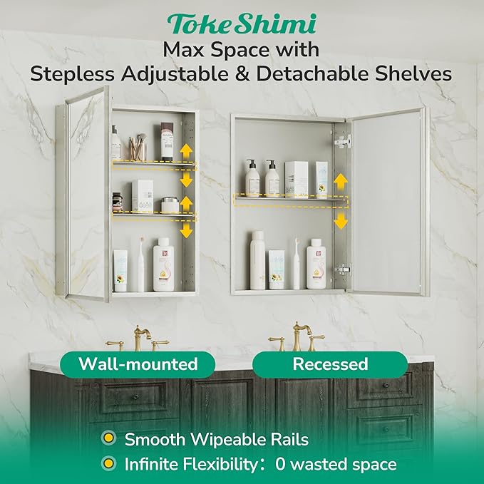 TokeShimi 30 x 26 Medicine Cabinet Mirror for Bathroom, Assembly Required, Nickel Recessed Medicine Cabinet with Mirror, Stepless Adjustable Shelves, Beveled Aluminum Frame, Tempered Glass