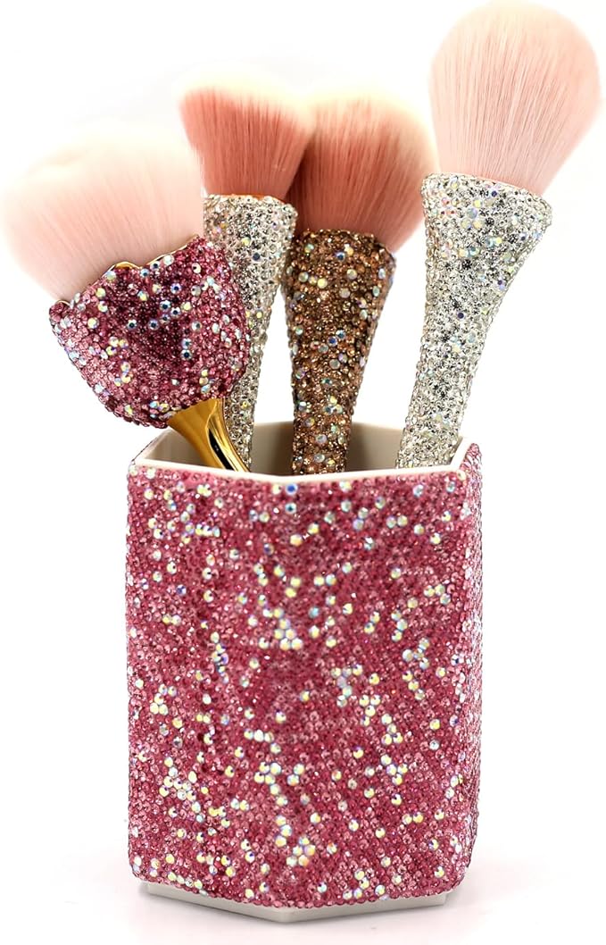 Luxury Crystal Rhinestone Pen Holder Makeup Brush Organizer - Sparkling and Fashionable Desk Organizer for Bling Lovers (Pink)