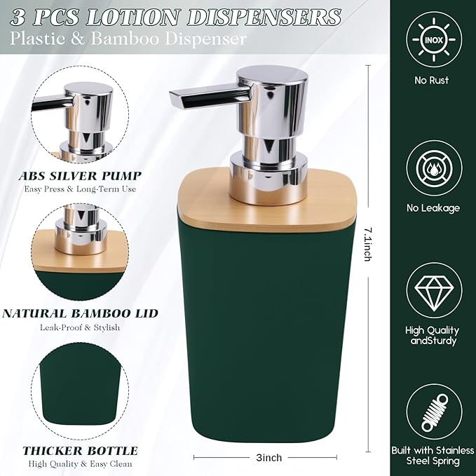 XLHOMO Dark Green Bathroom Accessories, Green Bathroom Accessories Set with Trash Can, Soap Dispenser, Toothbrush Holder, Toothbrush Cup, Soap Dish, Toilet Brush, Tray and Q-tip Holders