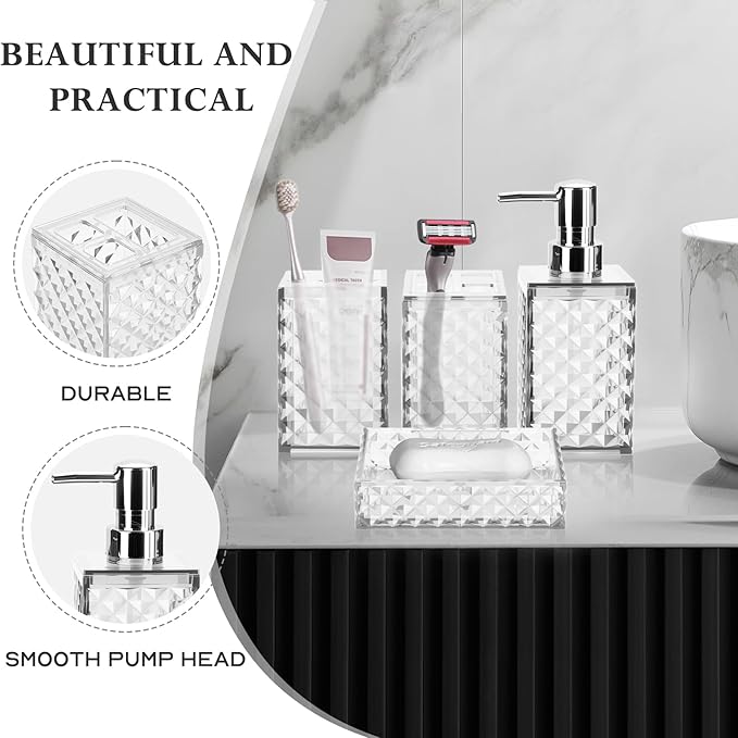 Bathroom Accessory Set, Grid Pattern 4 Pcs Plastic Bathroom Set Include Soap Dispenser, Soap Dish, Toothbrush Holder, Mousewash Cup, Modern Bahtroom D??cor Set(White)