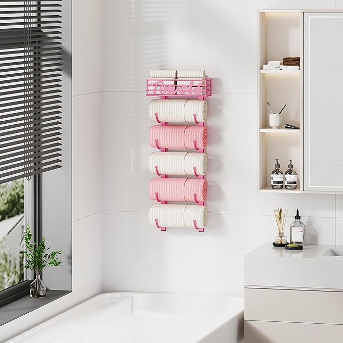 SWTYMIKI Hanging Towel Racks for Bathroom - 9 Tier Over the Door & Wall Mounted Bath Rolled Towel Storage Organizer Holder for Small Bathroom, RV, Camper (Pink, 6-Tier)