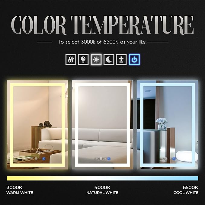 30x40 Inch Rectangular LED Bathroom Mirror with Lights Front and Backlit, 3 Color Modes, Touch Dimmer, Anti-Fog - Wall Mounted Vanity Mirror for Bathroom, Bedroom - Fab Glass and Mirror