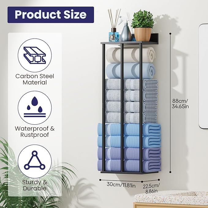 34 Inch Bathroom Towel Rack with Shelf – Modern Towel Holder for Bathroom Wall Mounted, Holds 6 Large Bath Towels, Rolled Towel Organizer for Bathroom, Laundry Room, and Small Space Storage，Black