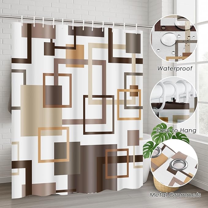 Geometric Brown Shower Curtain Set with Toilet Lid Cover and Non-Slip Rugs, Abstract Square 4 Pcs Shower Curtain for Bathroom, Modern Simple Line Bathroom Decor