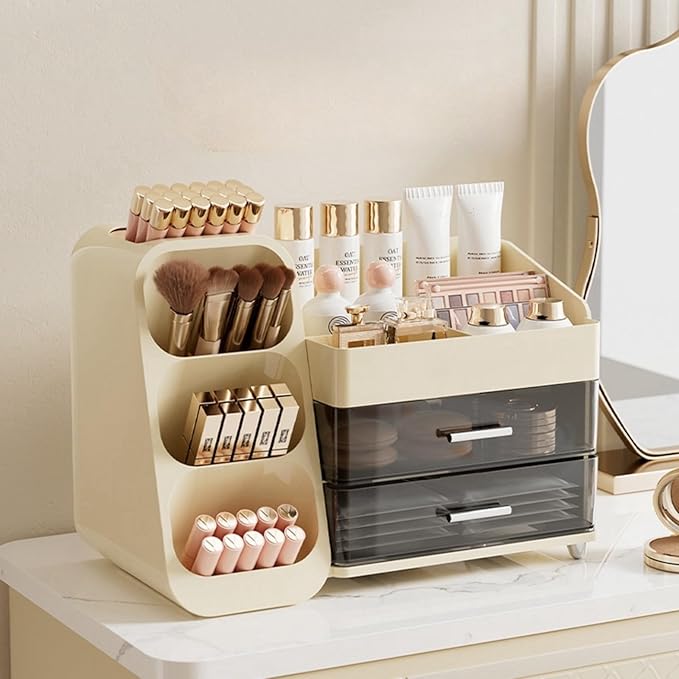 Makeup Organizer for Vanity, Large Capacity Cosmetic Display Case with Clear Acrylic Drawer, Countertop Beauty Storage Holder for Skincare, Brush Eyeshadow Lipstick Counter Desk, Crystal Cream