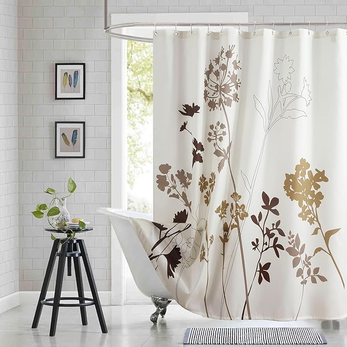 Long Floral Fabric Shower Curtain, Beige Brown Grey Plant Shower Curtains for Bathroom, Waterproof Bathroom Curtains, 72" W x 78" H