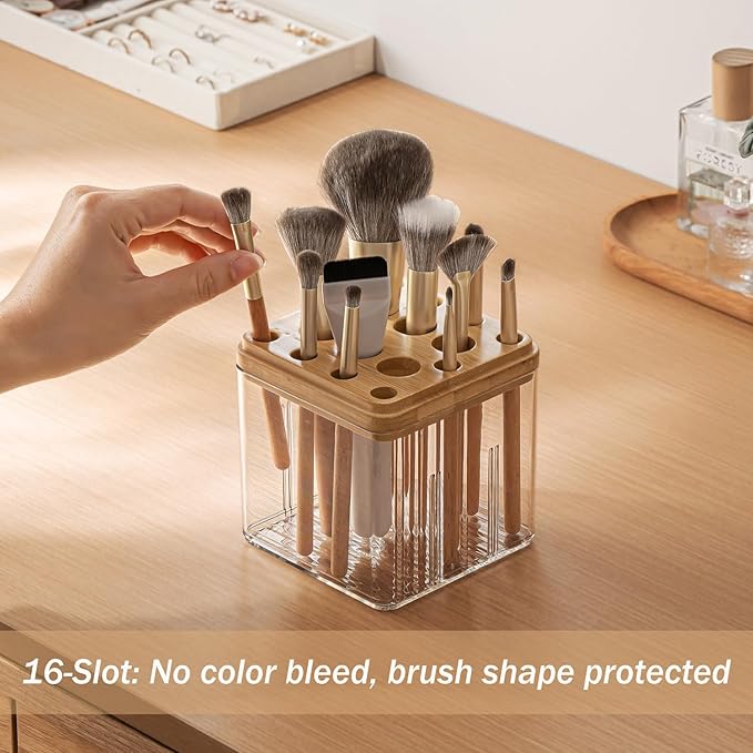 MORNITE Clear Makeup Brush Organizer with Lid, Freestanding 16-Slot Display Case Container Storage for Eyeliners, Lip Liners, Pencils Vanity or Bathroom Countertop Storage