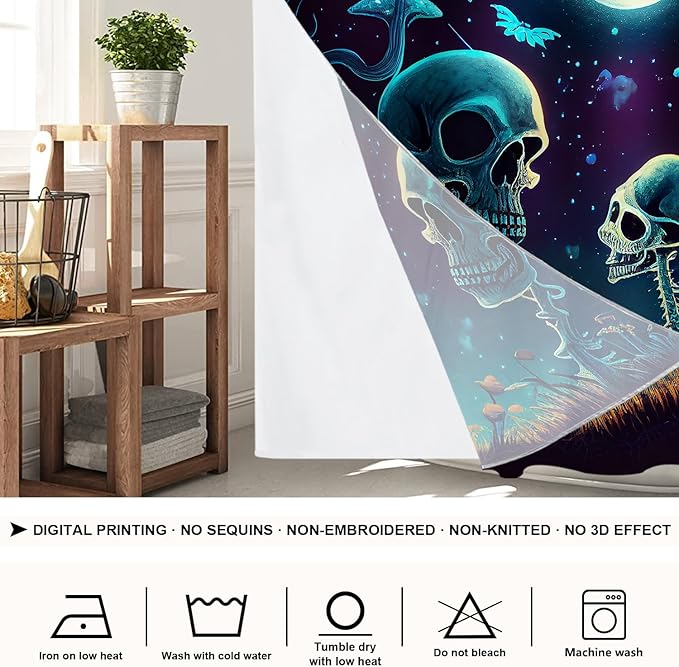 Shrahala Happy Halloween Funny No Hooks Shower Curtain with Snap in Liner Set, Skeletons Grass Mushrooms Starry Sky Bathroom Décor Polyester Fiber Waterproof for Stall Bathtubs 71 x 86 in