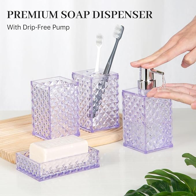 Bathroom Accessory Set, 4 Pcs Plastic Bathroom Set Include Soap Dispenser, Soap Dish, Toothbrush Holder, Mousewash Cup, Modern Bahtroom D??cor Set, Space Save for Bathroom(Light Purple)