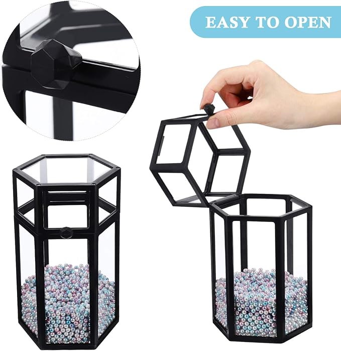 FRCOLOR Glass Makeup Brush Holder with Lid, Vintage Makeup Brush Organizer Storage Box with Colorful Pearls for Vanity Dresser (Black)