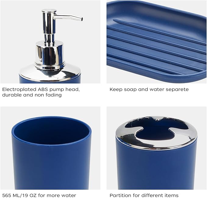 4 Pcs Bark Blue Bathroom Accessories Set,Bohemian Bathroom Toothbrush Holder Set.Include Soap Dispenser, Soap Dish, Toothbrush Holder, Mouthwash Cup, Modern Bahtroom Decor Set