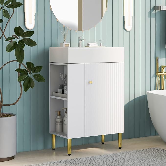 Virubi 21.6 in Small Bathroom Vanity with Sink,Doors and Storage Shelves,Wood Modern Single Fluted Bathroom Sink Cabinet Freestanding (White,Left Shelf)