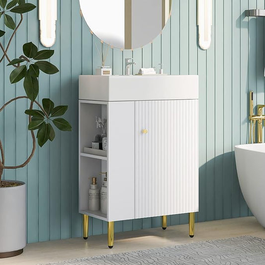 Virubi 21.6 in Small Bathroom Vanity with Sink,Doors and Storage Shelves,Wood Modern Single Fluted Bathroom Sink Cabinet Freestanding (White,Left Shelf)