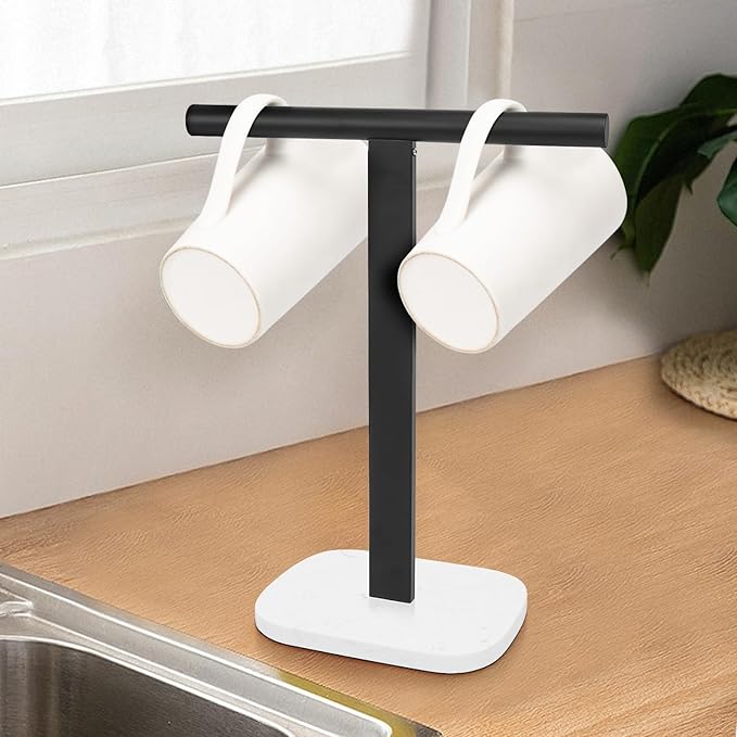 NearMoon T-Shape Hand Towel Holder-Bath Towel Rack-Standing with Balanced Base Towel Bar for Bathroom Kitchen Vanity Countertop, Modern Stand Towel Ring with Marble Base (14 Inch, Black)
