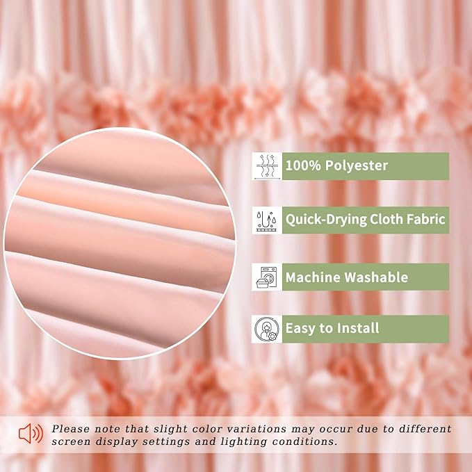 Victorian Ruffle Shower Curtain 72x78 Inches Long, Vintage Handcrafted Bow Tie Bath Curtain for Master Bathroom, Ruched Microfiber Bathroom Curtain with 12 Buttonholes, Peach (LQ-10)