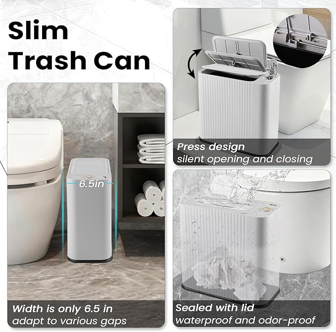 XLHOMO 9-Piece Light Gray Bathroom Accessories Set - Modern Vertical Stripe Decor with Slim Wastebasket, Soap Dispenser & Toothbrush Set - Neutral Bath Organization Kit