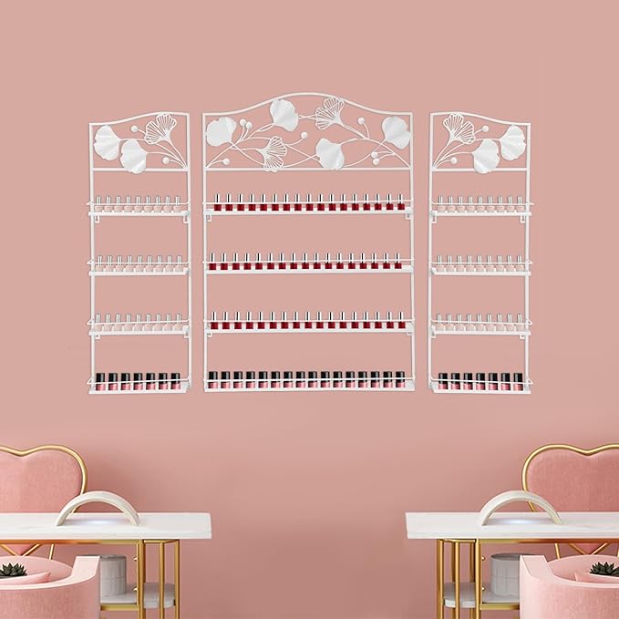 3PCS Metal Nail Polish Racks, Nail Polish Wall Organizer 4 Tiers Leafage Shape Display Rack Wall Mounted Display Case for Home Spa Nail Salon Shop- White