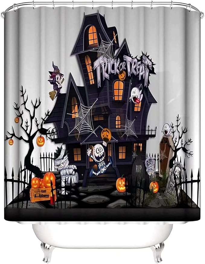 NBVKO Halloween Pumpkin Waterproof Shower Curtain,with Non-Slip Rugs,Toilet Lid Cover and Bath Mat,Bathroom Shower Decor Accessory Set