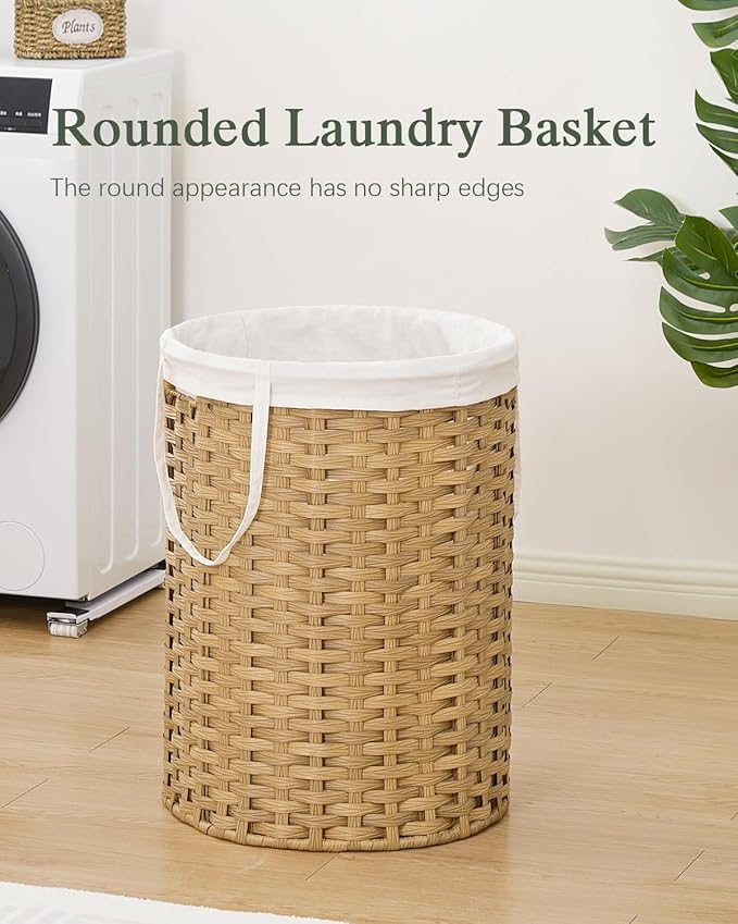 SETVSON Laundry Basket Round Rattan Laundry Hamper 29.1 Gal(110 L)Handwoven Large Wicker Basket with Handles, Wicker Hamper with Removable Bags and 2 Mesh Bags for Bathroom Living Room Natural(No Lid)