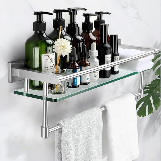 2 Pack Glass Shelf Bathroom Shelves for Bathroom 21inch Rectangular Holder Brackets Stainless Steel Tempered Glass Modern Toilet Storage Stand Mount Accessories Brushed Nickel