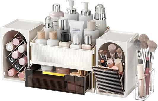 Seoneiro Makeup Organizer with Drawers, Cosmetic Storage for Dresser Countertop and Bathroom Vanity, Beauty Holder for Lipstick Brush Skincare Display case (Milky White + Dark Brown)