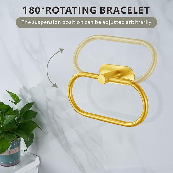 Towel Bar/Bath Towel Ring, Self Adhesive Hand Towel Ring for Bathroom, Stainless Steel Sticky Hand Towel Holder, No Drilling Modern Round Towel Hanger Wall Mounted (Gold)