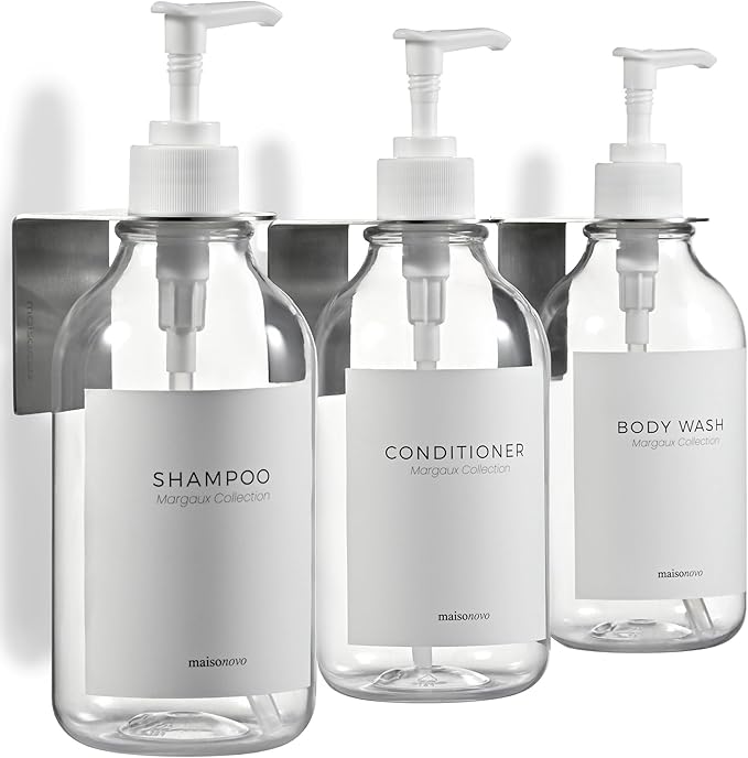 Shampoo and Conditioner Dispenser Wall Mounted Set of 2 Clear - No Drill Shower Soap Dispenser for Bathroom Refillable - Spa Hotel Style Accessories by MaisoNovo