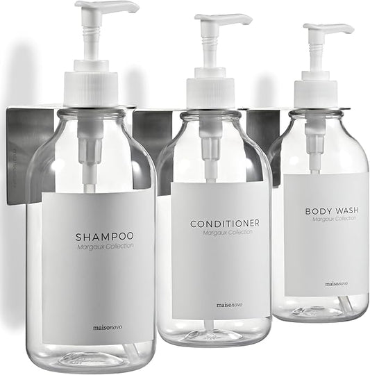 Shampoo and Conditioner Dispenser Wall Mounted Set of 2 Clear - No Drill Shower Soap Dispenser for Bathroom Refillable - Spa Hotel Style Accessories by MaisoNovo
