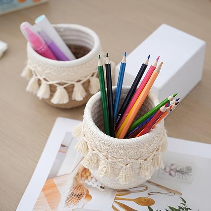 MSUIINT Macrame Makeup Brush Holder Organizer, Brushes Mini Storage Basket, Hand Woven Cotton Rope Basket, Boho Decor Baskets for Comb Cosmetics Pen Pencil Container (C)