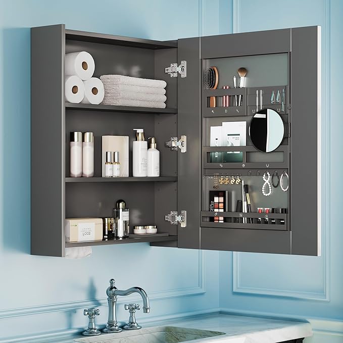 VANIRROR Bathroom Cabinet - Large Single Door 24x30 inchs Wall Cabinet Mirror Medicine Cabinet with Facial Tissues Slot and Multifunctional Storage Area