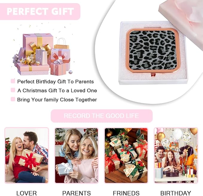Cheetah Leopard Black Print Foldable Travel Pocket Mirror Square Metal Portable Mini Makeup Double Sided Handheld Magnifying, 2.8 in