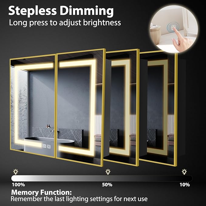 ROOMTEC Lighted Medicine Cabinet with Mirror 40"x32", Wall Mounted Bathroom Mirror with Storage, 2 Doors Bathroom Wall Cabinet with LED Lights,Gold
