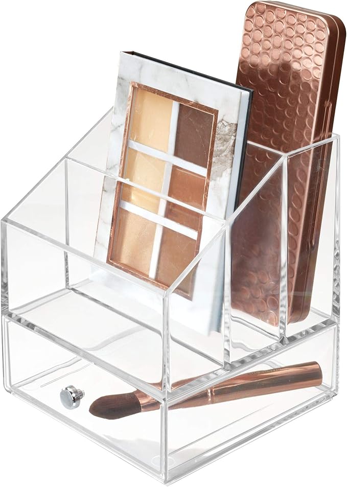 iDesign Clarity Cosmetic Palette Organizer with Drawer for Vanity or Cabinet to Hold Makeup, Beauty Products, Hair Accessories - 3 Compartments - Clear