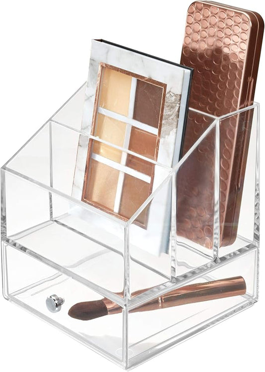 iDesign Clarity Cosmetic Palette Organizer with Drawer for Vanity or Cabinet to Hold Makeup, Beauty Products, Hair Accessories - 3 Compartments - Clear