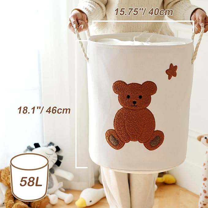 INough Large Laundry Basket Tall Baskets Storage for Dirty Clothes, Toys Storage Bins Baby Hamper 58L Clothes Hamper Blanket Basket Baby Toys Organizer for Nursery Bedroom Living Room Decor, Bear