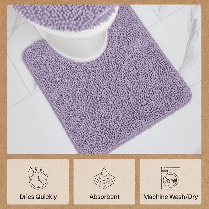 GORILLA GRIP Plush Absorbent Shaggy Chenille Bath Rug Mat for Oval Toilet Base with Rubber Backing, Machine Washable Rugs, Soft Microfiber Contour Mats for Toilets, Bathroom Decor, Lt Purple