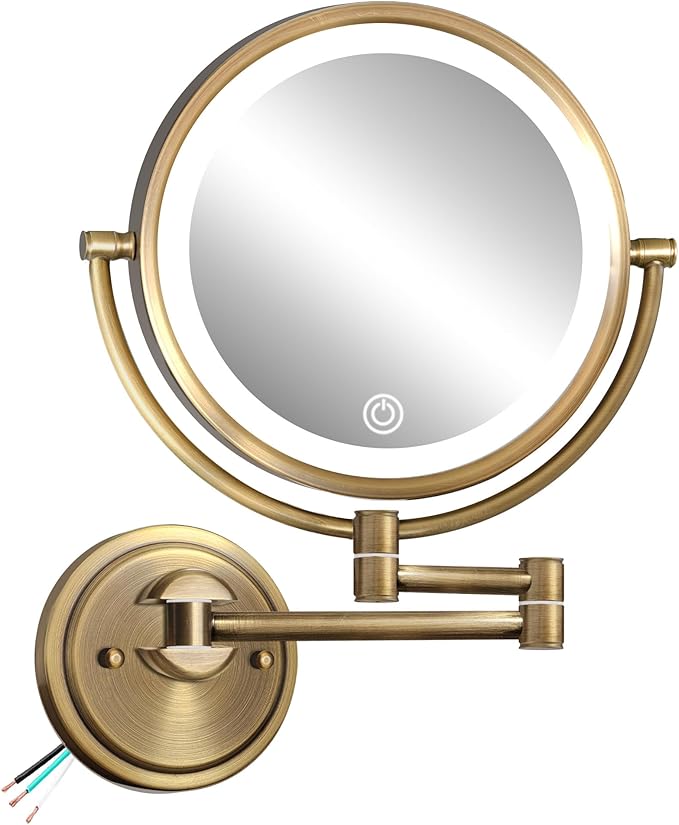 10" Wall Mounted Mirror Swing Arm Lighted Hard Wired, 1X/5X Double-Sided 3 Colors Touch Dimmable, Face Mirror Magnifying with Light Extended 360 Rotation for Bathroom, Antique Brass
