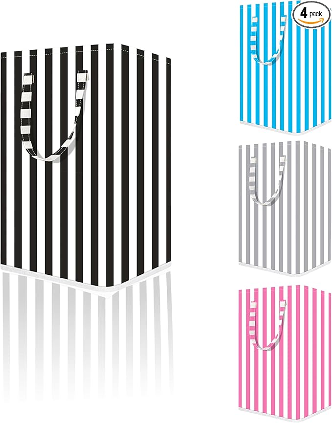 Large Laundry Basket ，75L Waterproof,Collapsible Laundry Hamper with Extended Handles for Clothes in the Family Dorm (Vertical Stripe Black，Blue，Grey，Pink)