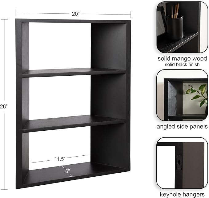 Kate and Laurel Akita Modern Angled Three-Tier Wall Shelf, 20 x 6 x 26, Black, Decorative Over The Toilet Shelf for Use as Bathroom Storage or Living Room Display Shelving
