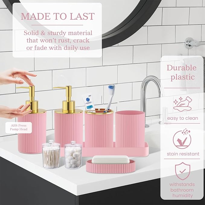 Light Pink Bathroom Accessories Set - Bathroom Sets, 25PC Bath Accessory Set, Bathroom Sets with Push Top Trash Can, Shower Curtain and Rugs, Toilet Brush, Trash Can & Soap Dispenser