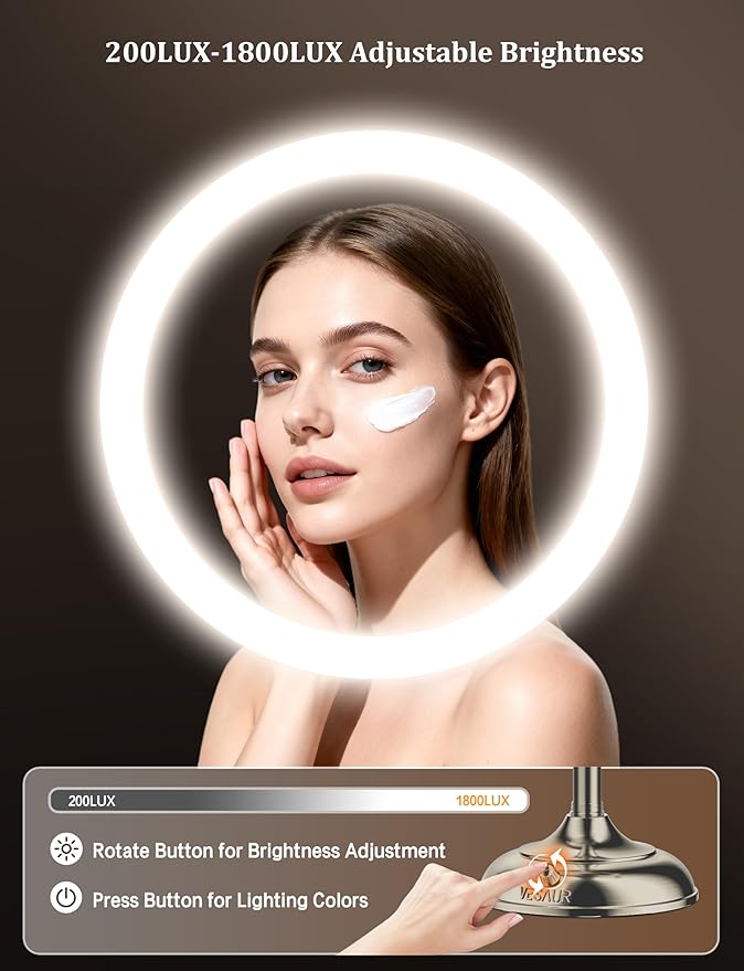 VESAUR 2026 Upgraded 20X lighted makeup mirror with magnification, 9" 1X10X Magnifying Mirror with 3 Color Modes & Adjustable Brightness, 5000mAh Rechargeable Vanity Mirror, 360° Swivel, Nickel, Gifts