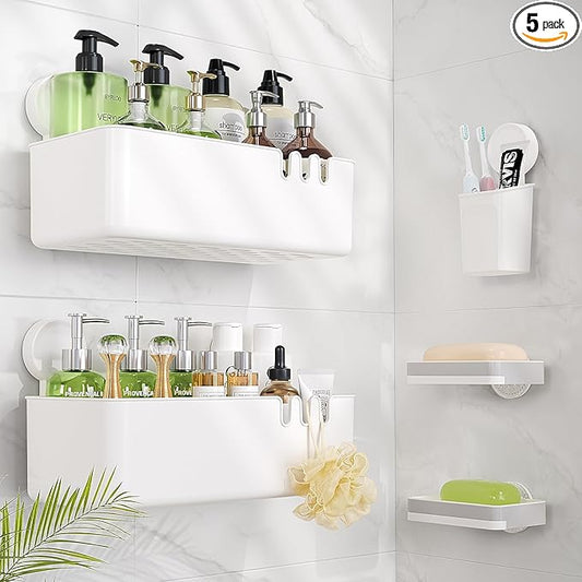 LUXEAR Shower Caddy 5 Pack Suction Cup Shower Organizer for Bathroom Storage Home &Kitchen,No Drilling Removable Plastic Shelf Organizer with Soap Dish&Toothbrush Holder Easy Install