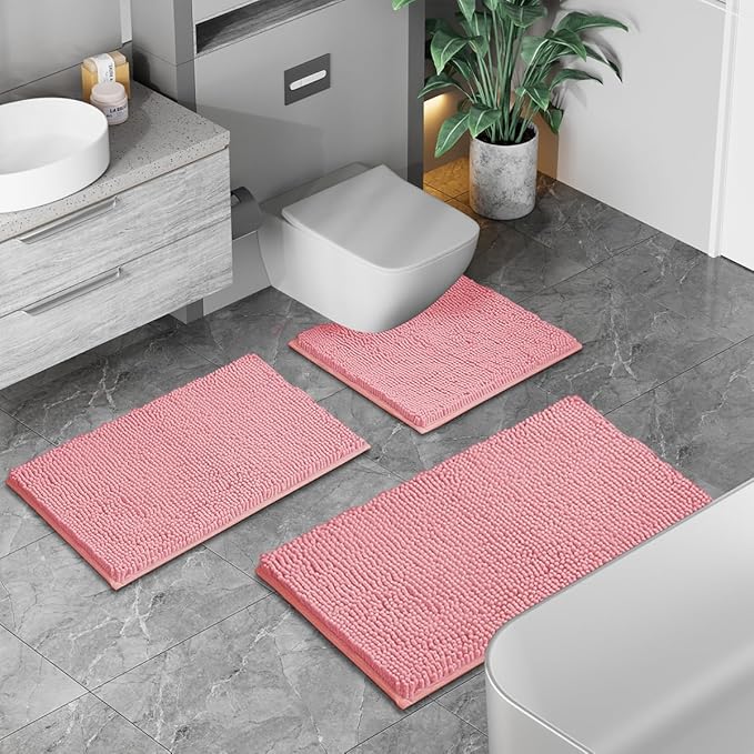 Pink Bathroom Rugs Chenille Bath Mat Set 3-Piece Bath Rugs for Bathoom Extra Soft Bath Mats for Bathoom Non Slip Absorbent Shag Bthroom Carpet, Machine Washable, Mats Sets 3 Toilet Rug