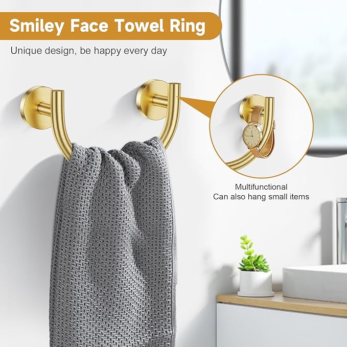 TNOMS Brushed Gold Smiley Face Towel Ring Bathroom Hand Towel Holder Stainless Steel Wall-Mounted Bathroom Hardware Accessories Towel Rack