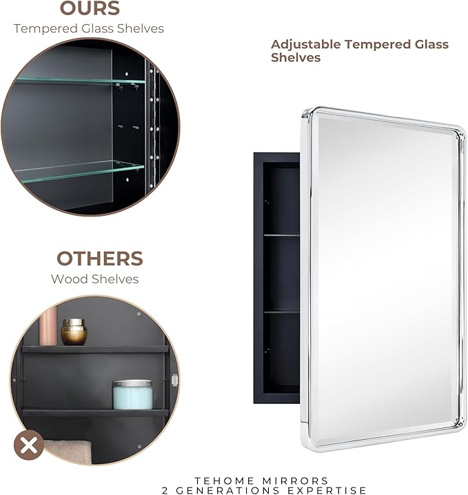 TEHOME Surface Mount 16x24 Polished Nickel Bathroom Medicine Cabinet with Mirror Metal Framed Rounded Rectangle Medicine Cabinet with Beveled Mirror