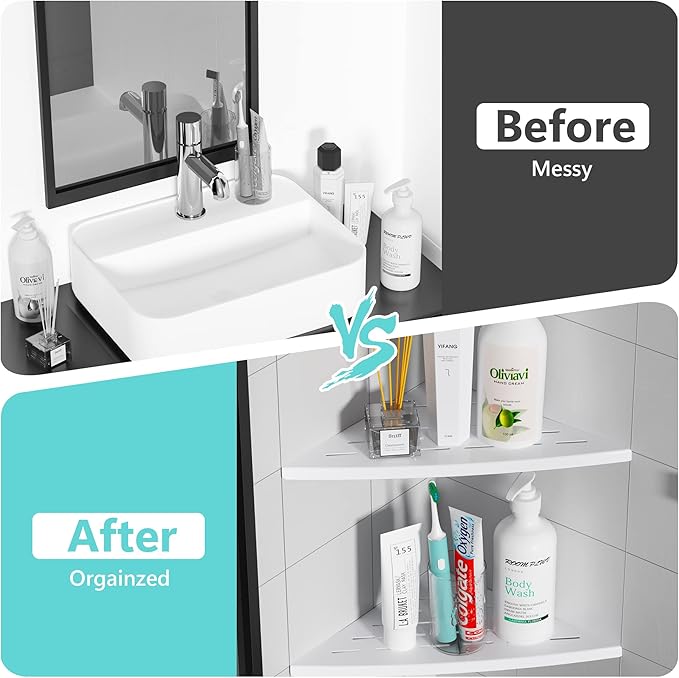 Qeke Corner Shower Shelf Matte White, 304 Stainless Steel 11.5” Recessed Corner Shelf Bathroom for Tiled Wall, Floating Shower Shelves Shampoo Holder, No Drilling, 2 Pack