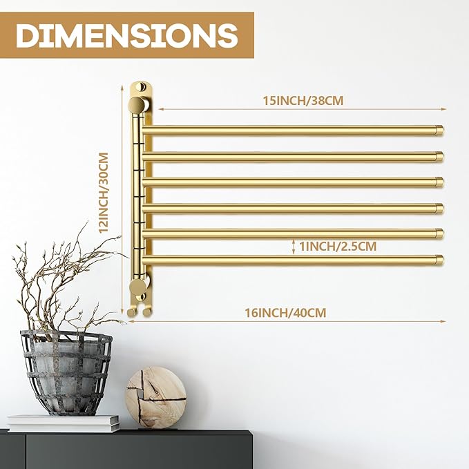 Teenyyou 16.5 Inches Swivel Towel Rack 304 Stainless Steel 6 Arms Bathroom Towel Rack Hanger Pool Holder Wall Mounted Swivel Bar Space Saving with Hook(Gold)
